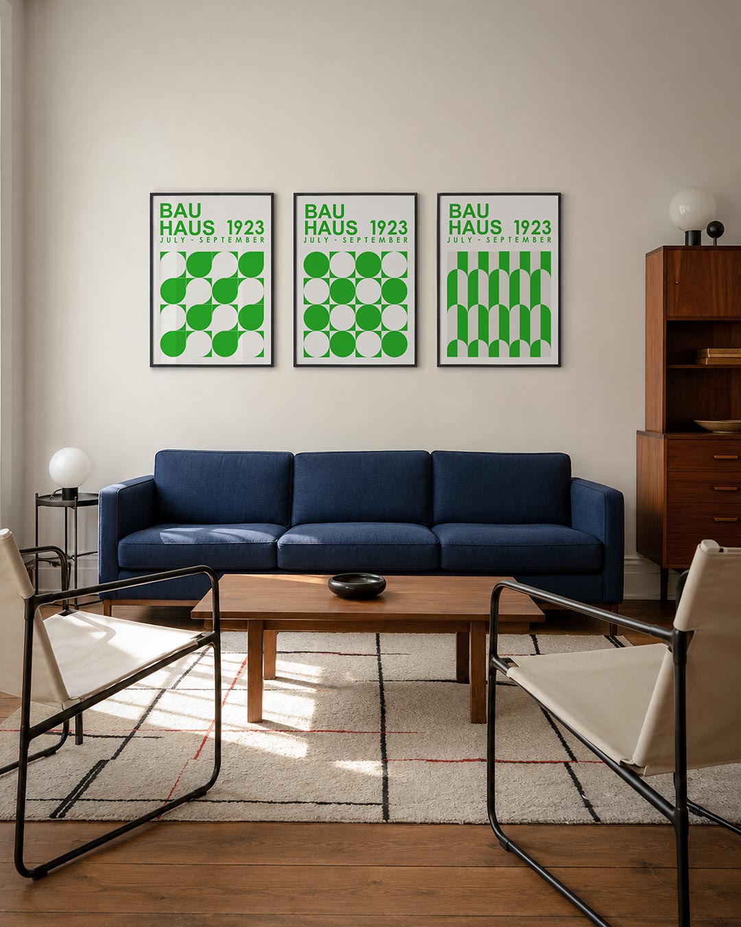 Groene vormenritme posterset – derde productweergave – deze posterset in drie delen toont een speelse wisselwerking van