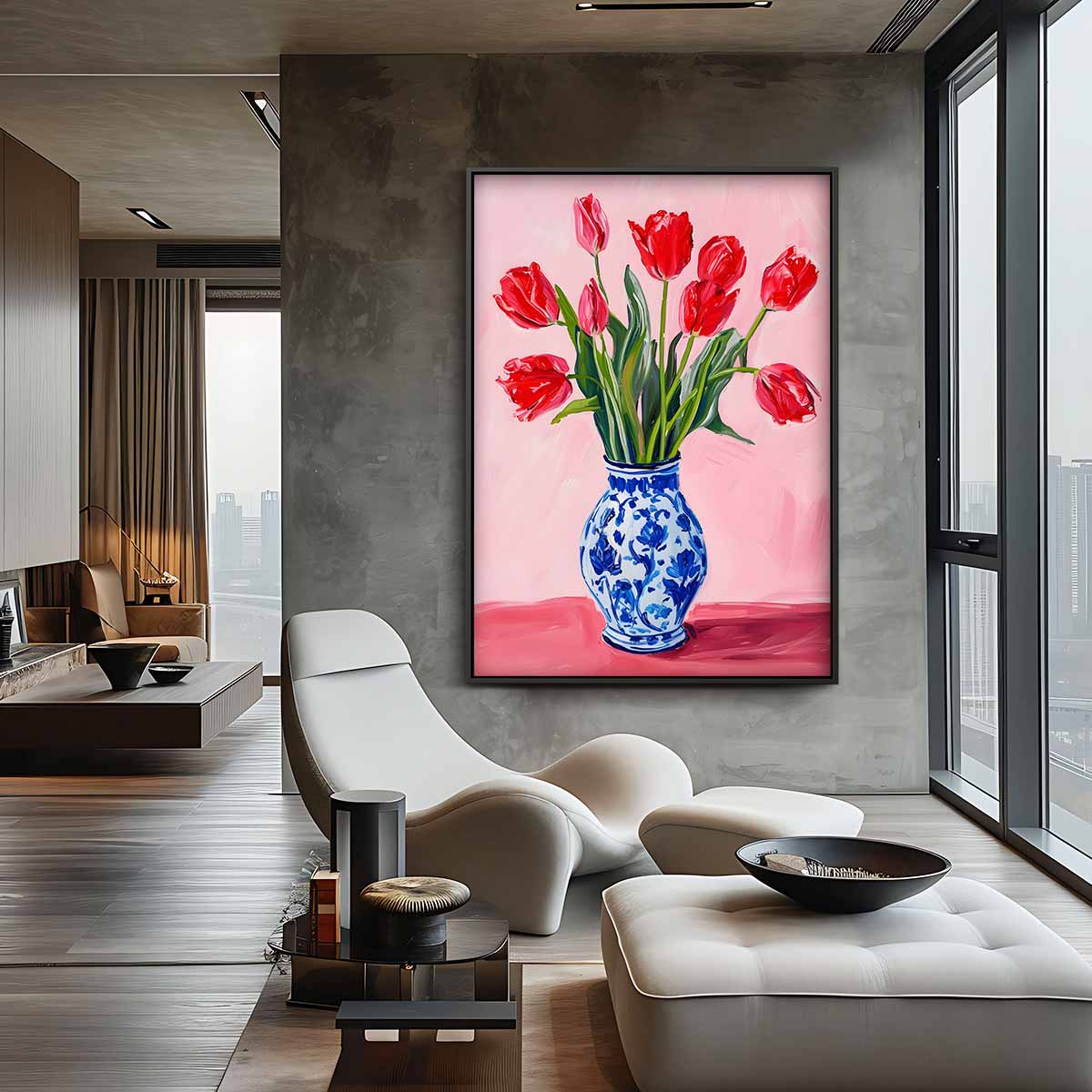 Vrolijke Tulpen in Delfts Blauw – staande wandkunst voor woonkamer of interieur