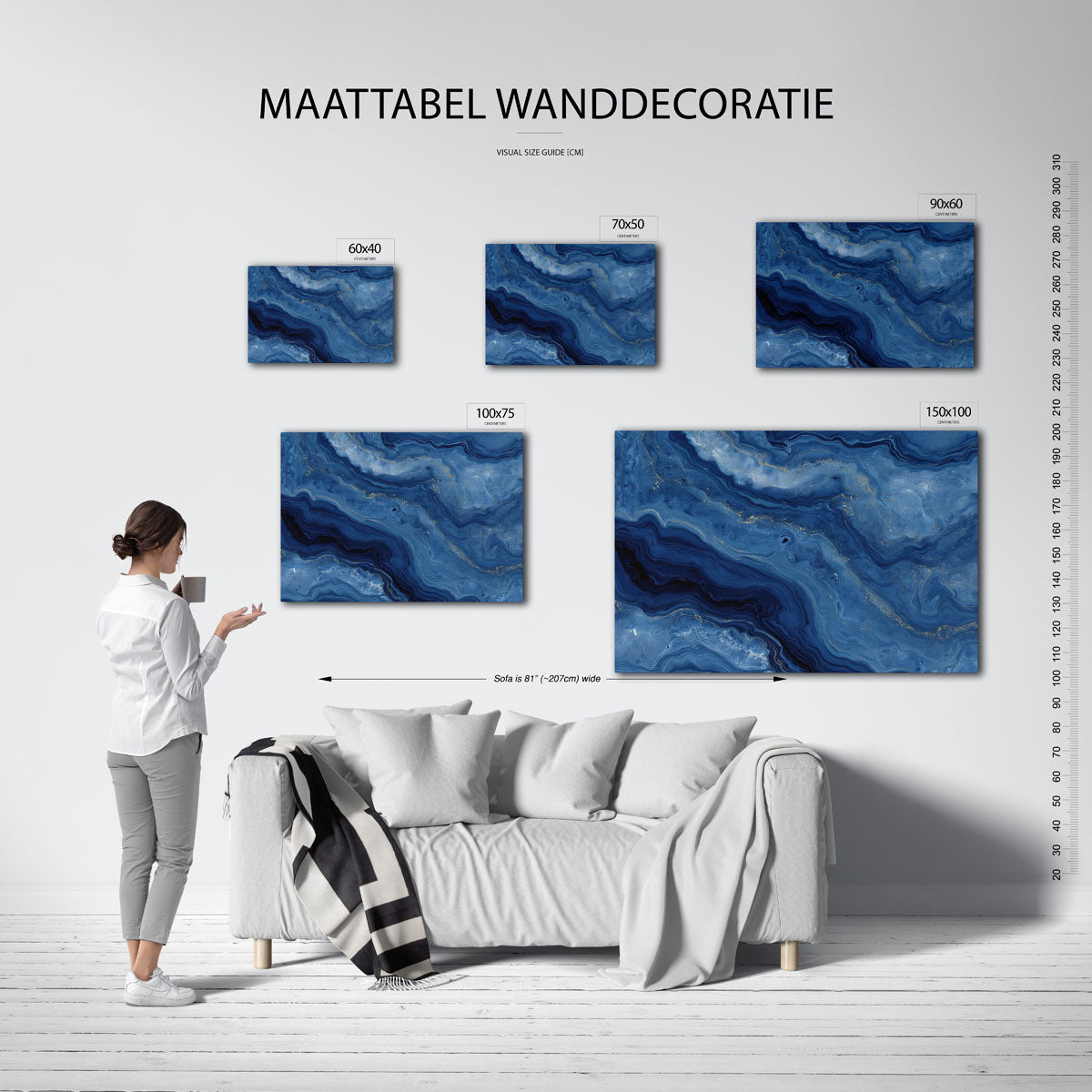 Golvende blauwe patronen – moderne liggende wandkunst