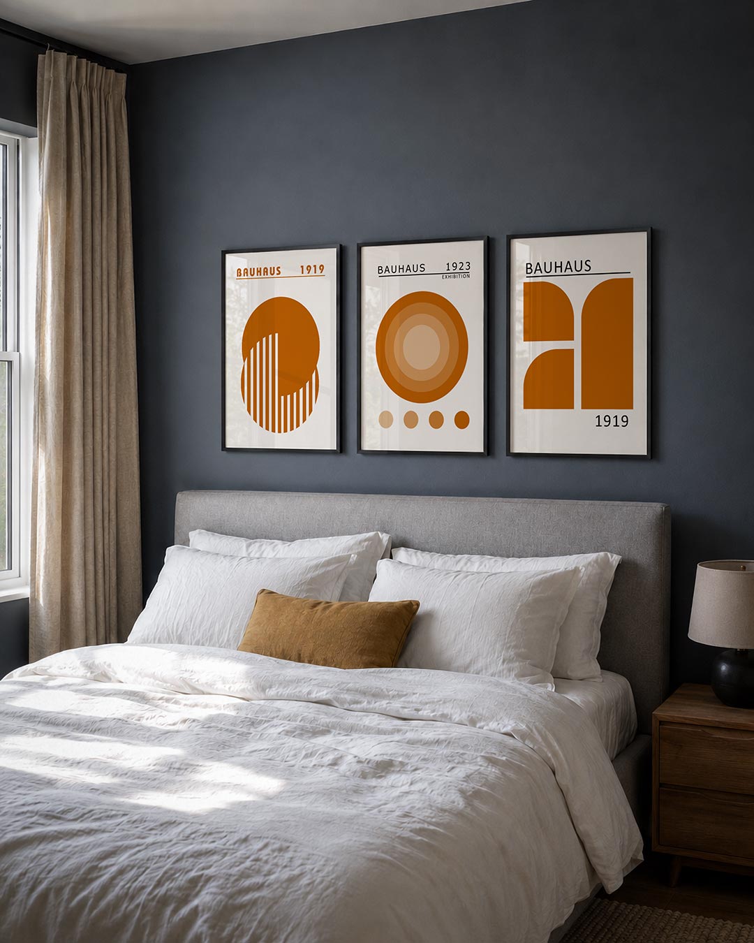 Cirkel en strepen posterset – derde productweergave – deze posterset in drie delen toont een grote oranje cirkel met