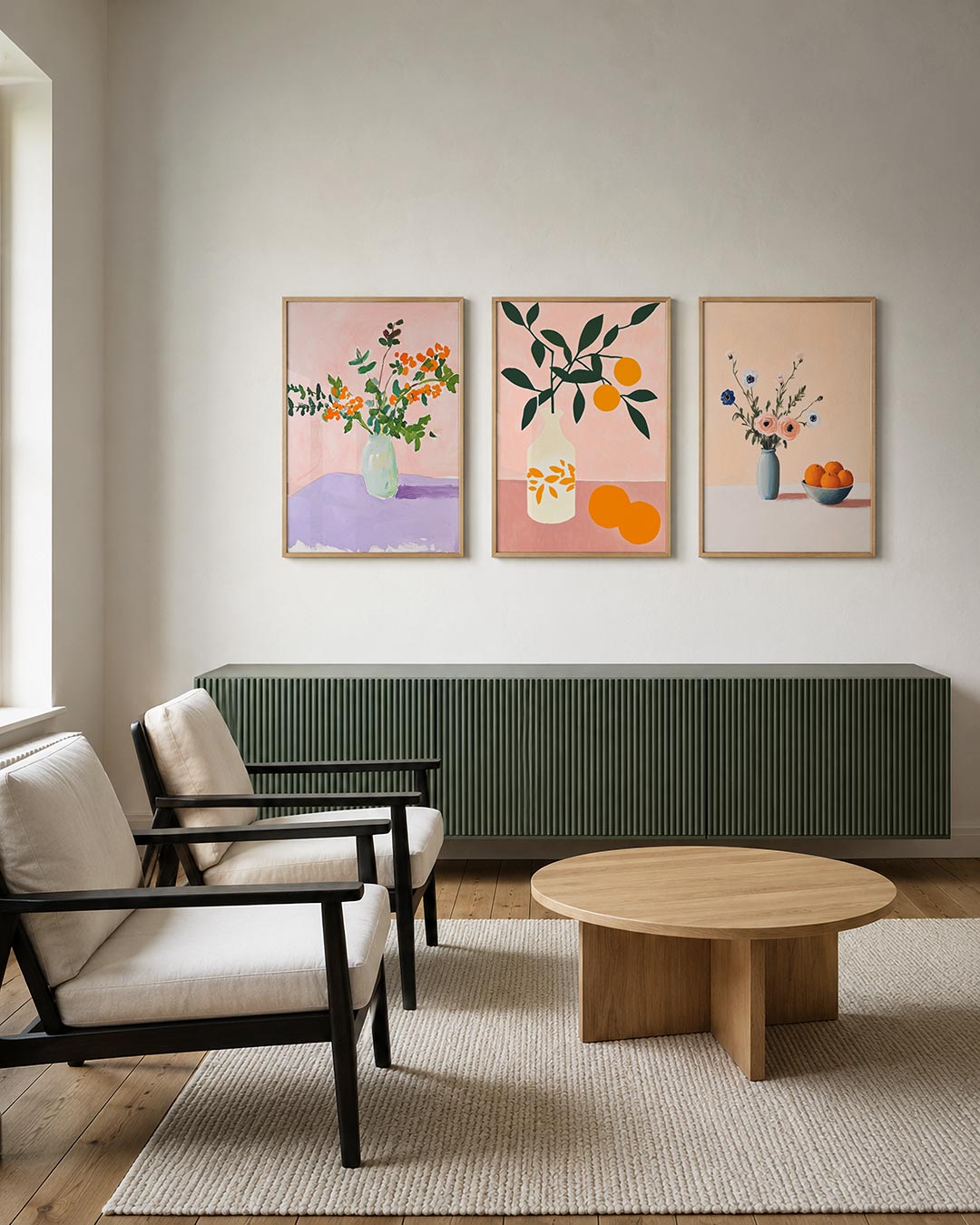 Bloemrijke kleurvlakken posterset – tweede productweergave – een vaas met levendige oranje bloemen en groene bladeren