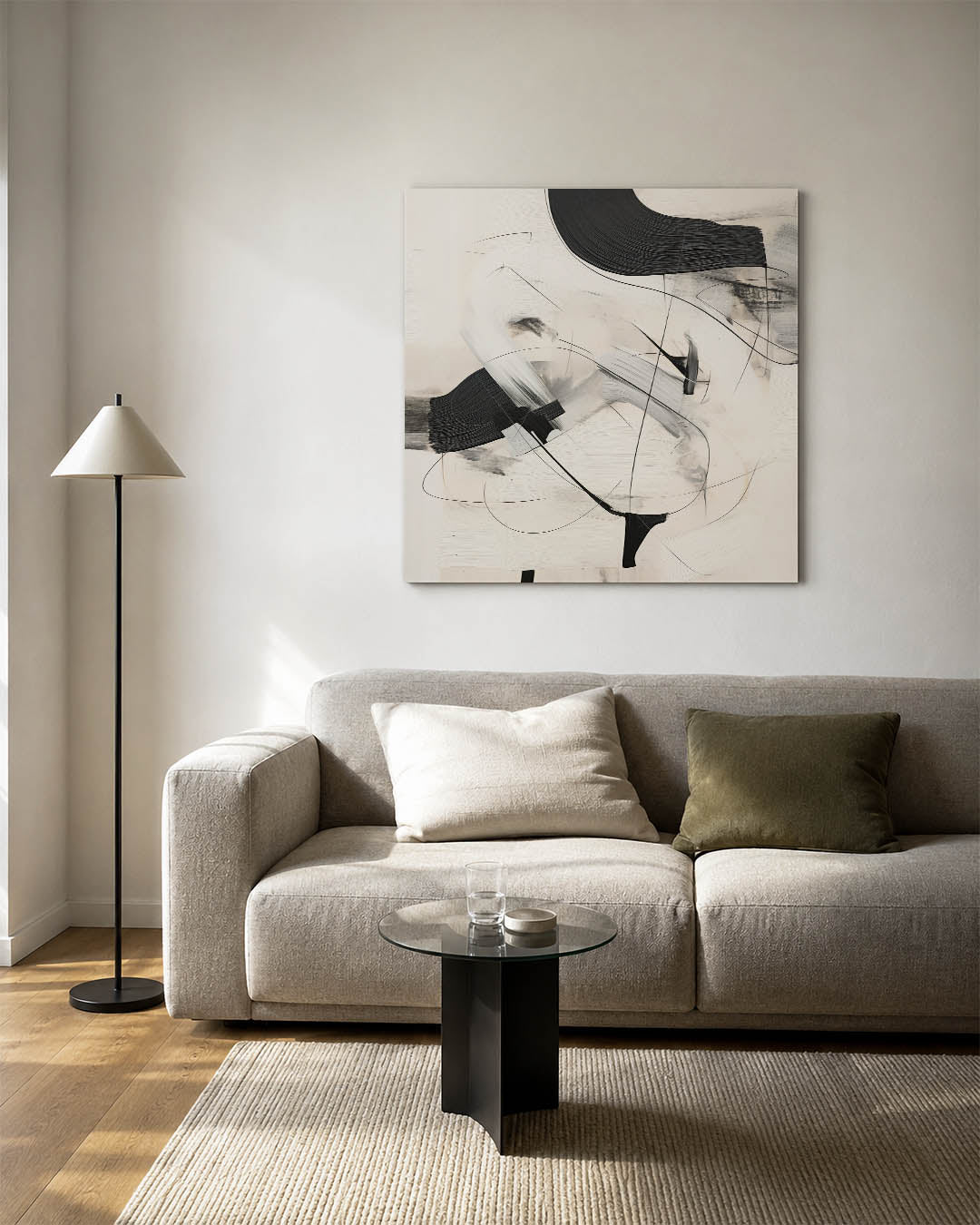 Dynamische lijnen compositie kunstwerk – vierkante wanddecoratie – dit kunstwerk toont vloeiende zwarte en witte lijnen die