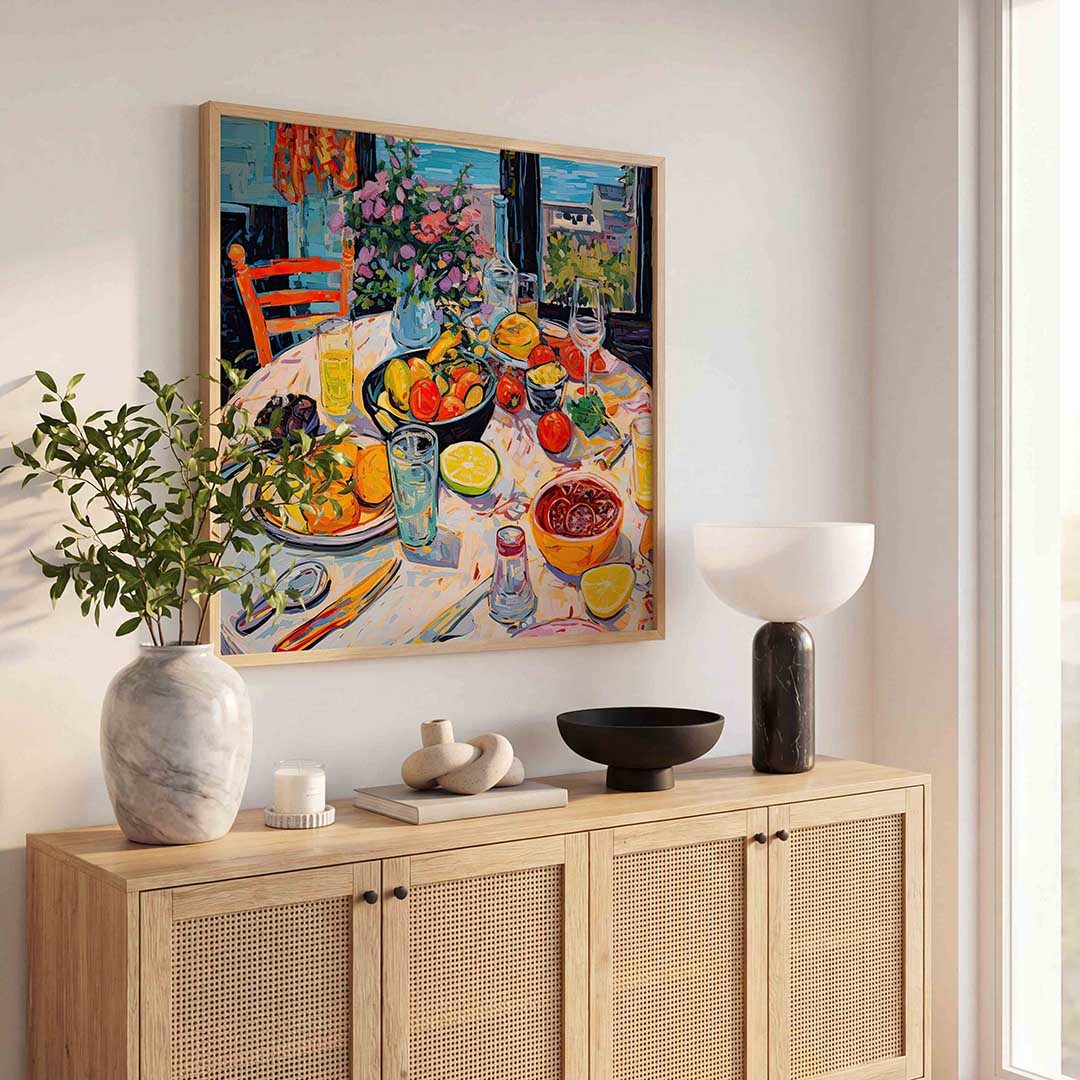 Fruit en bloemen tafel – illustratie poster in vierkant formaat