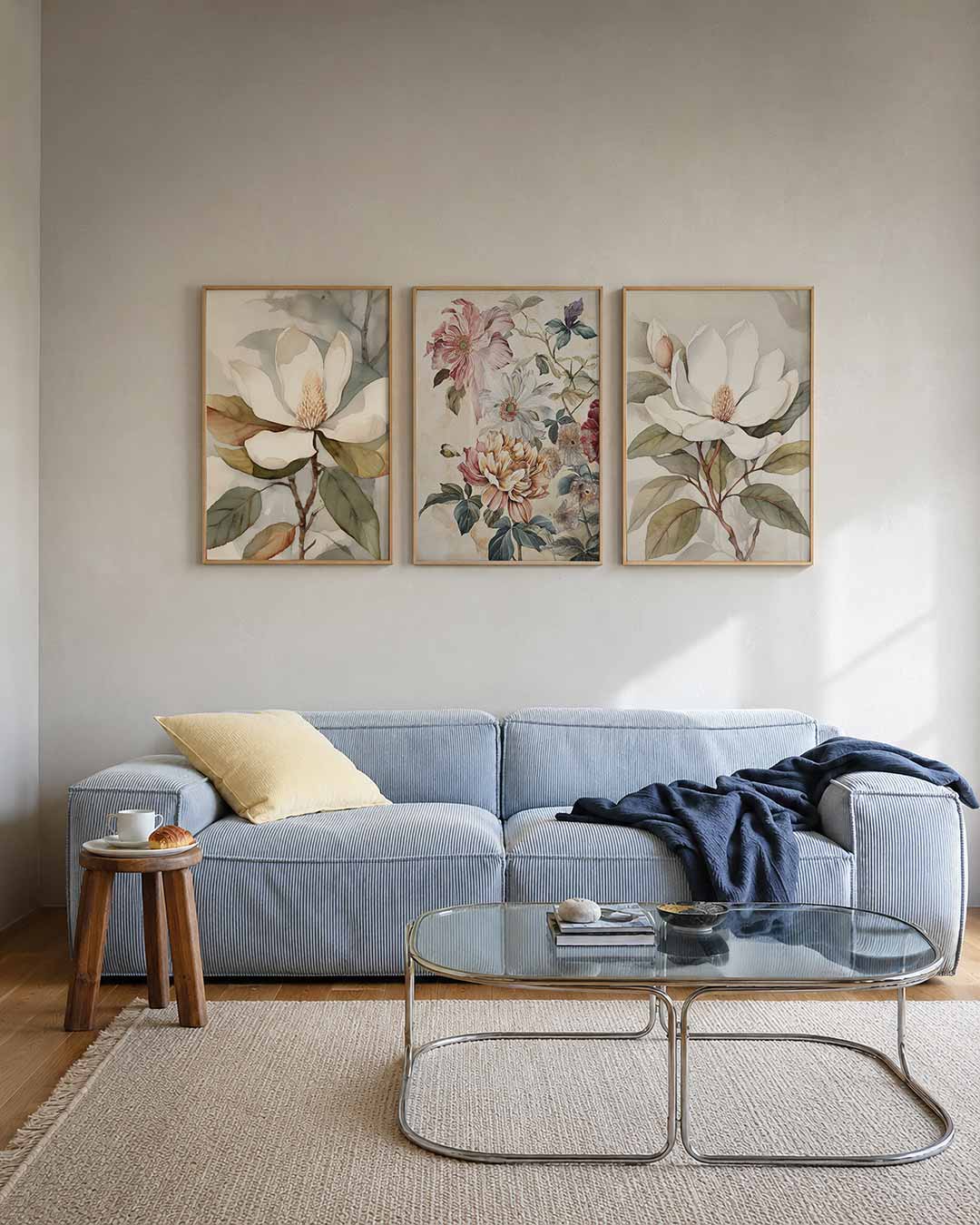 Bloem en bladeren posterset – tweede productweergave – een delicate bloem met grote witte bloemblaadjes en zachte,