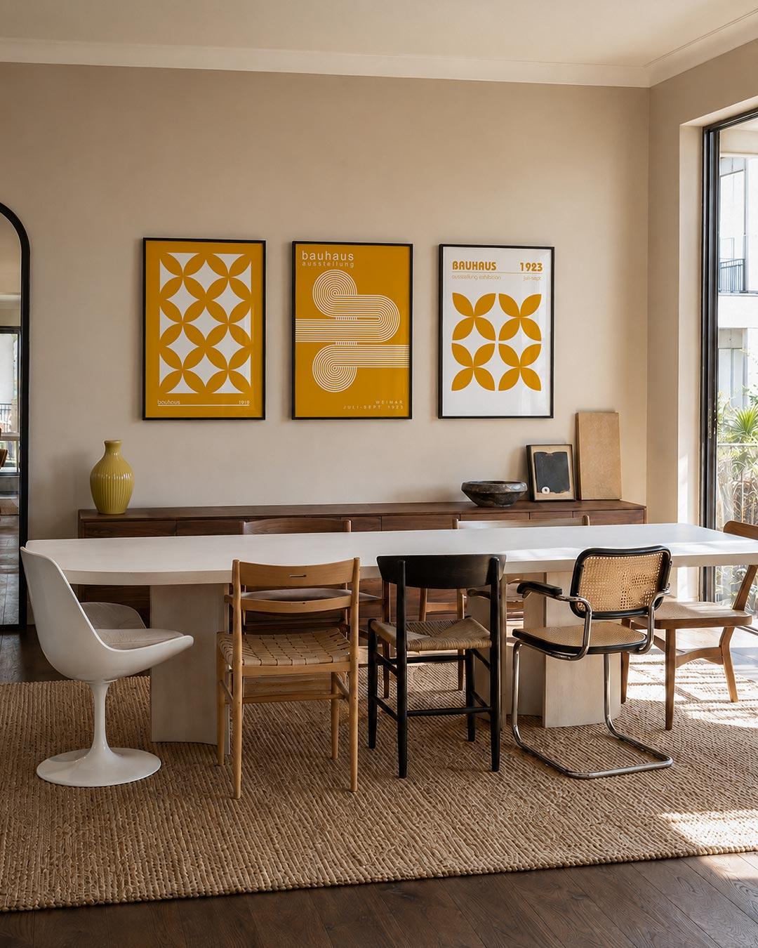 Patroon en kleur driedelige posterset – deze posterset in drie delen toont een ritmisch spel van oranje en wit. De herhaling