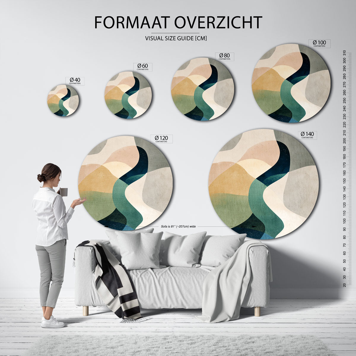 Abstracte vormen – ronde muurdecoratie met vrouwelijk portret
