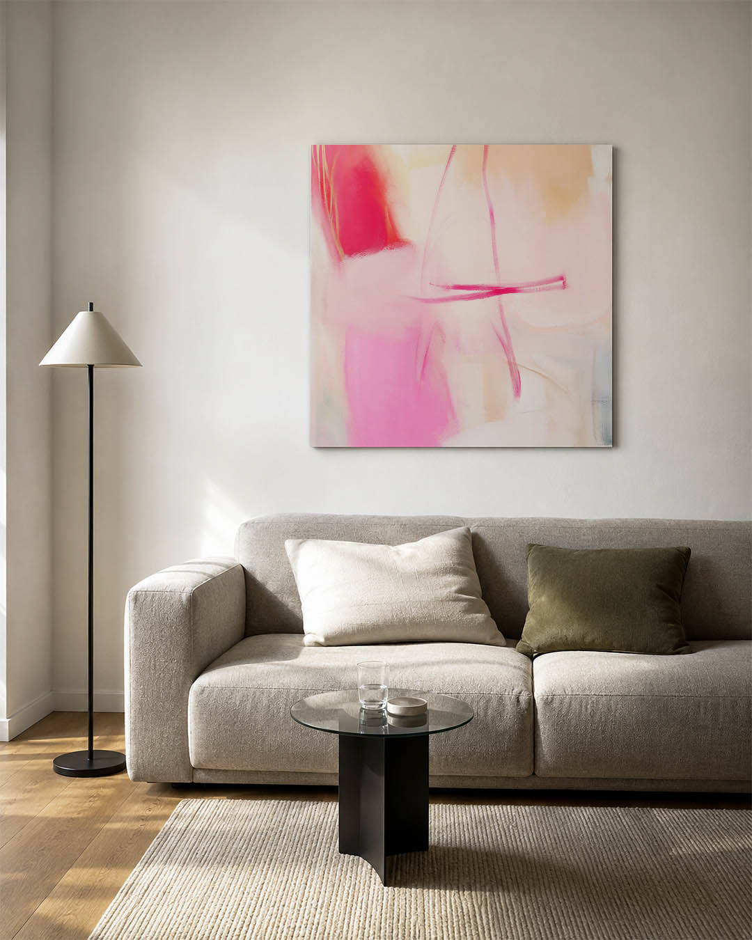 Zachte kleuren compositie kunstwerk – vierkante wanddecoratie – dit werk toont een vloeiende compositie van roze en beige
