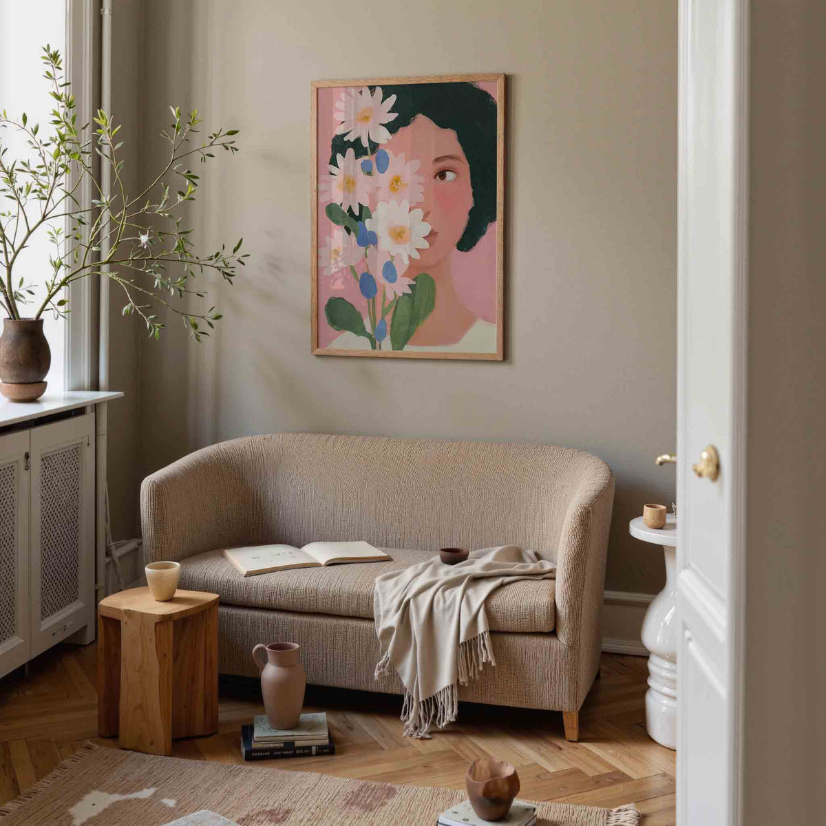 Bloemen en gezicht – pastel poster in staand formaat