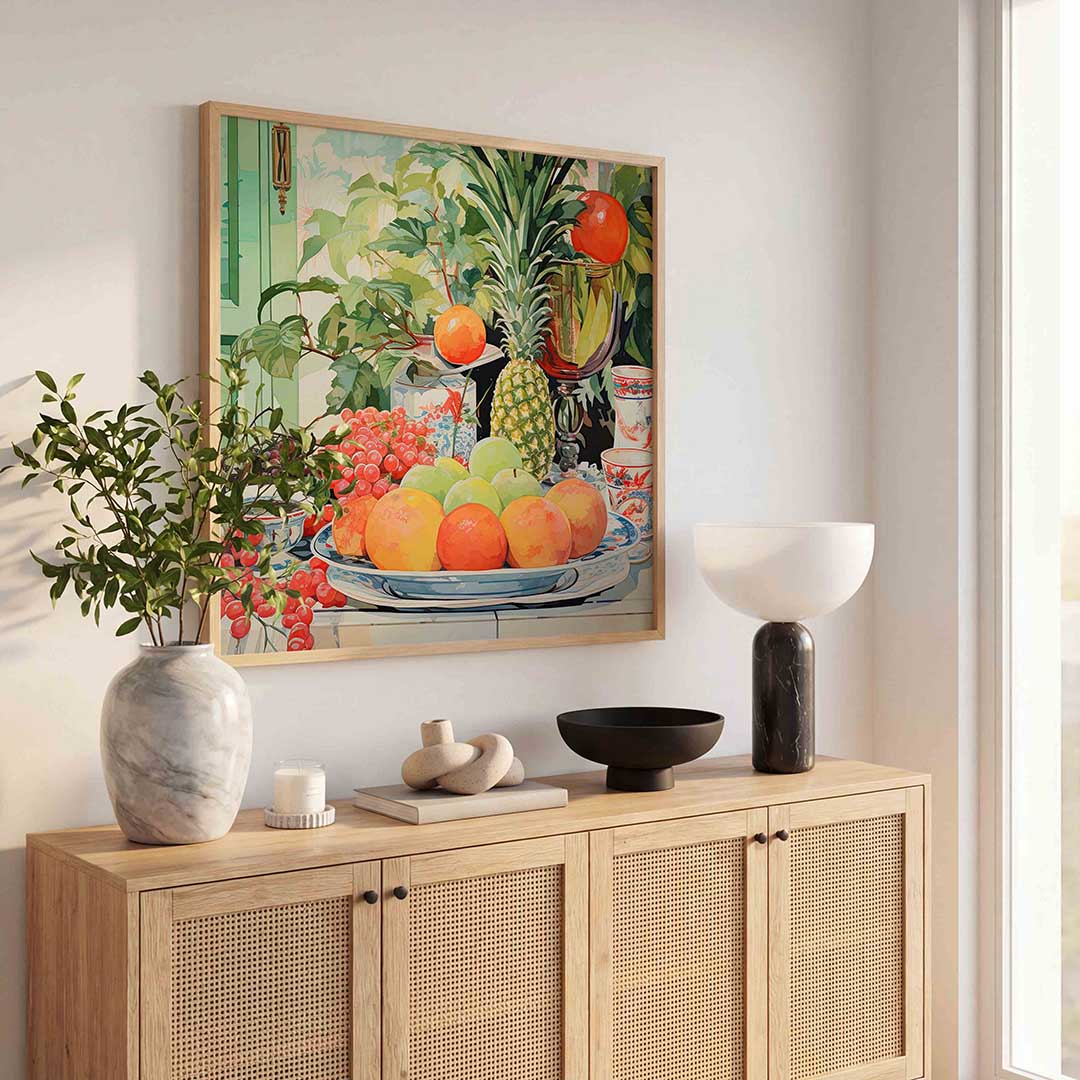 Fruit en servies – illustratie poster in vierkant formaat