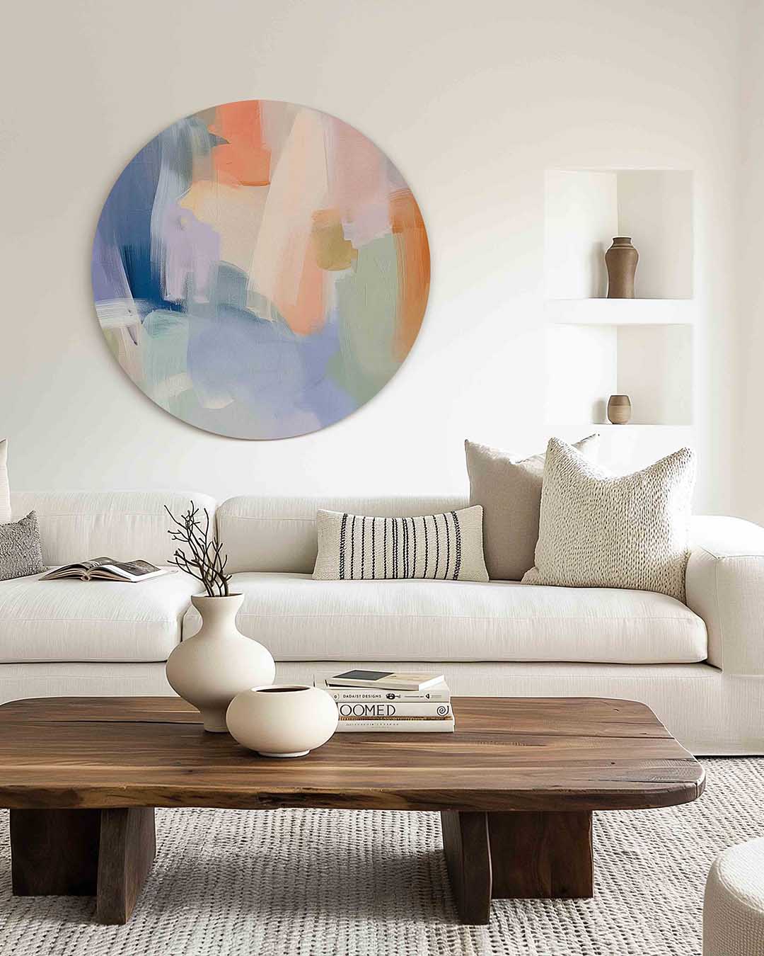 Abstracte kleurencompositie – muurcirkel met kleur en vormen voor aan de muur