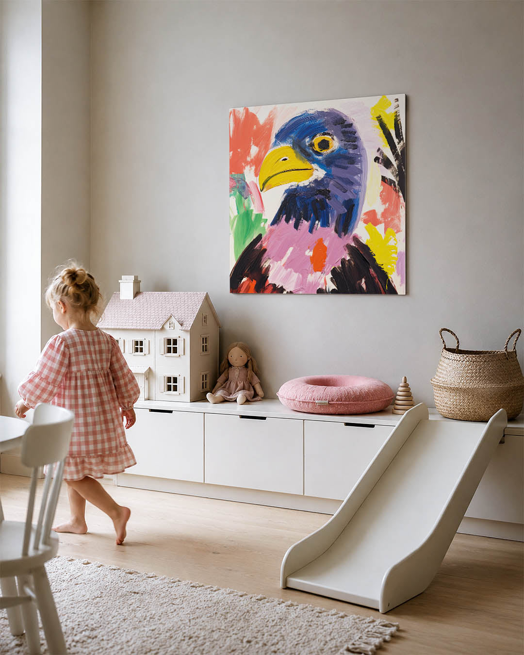 Kleurrijke vogel kunstwerk – tweede productweergave – dit werk toont een vogel met levendige kleuren en dynamische