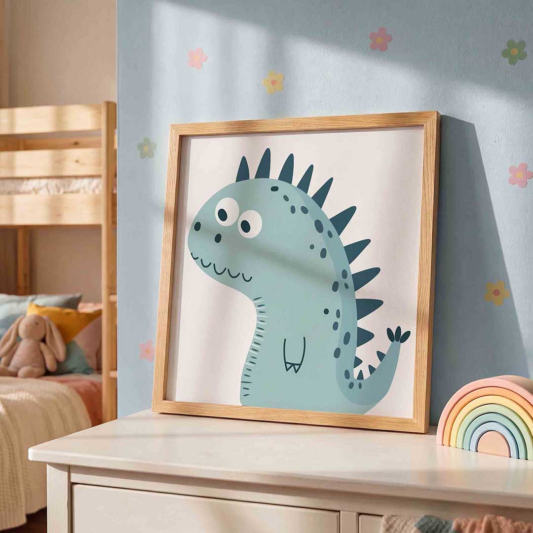 Blauwe dinosaurus – speelse wandkunst als vierkante kinderposter
