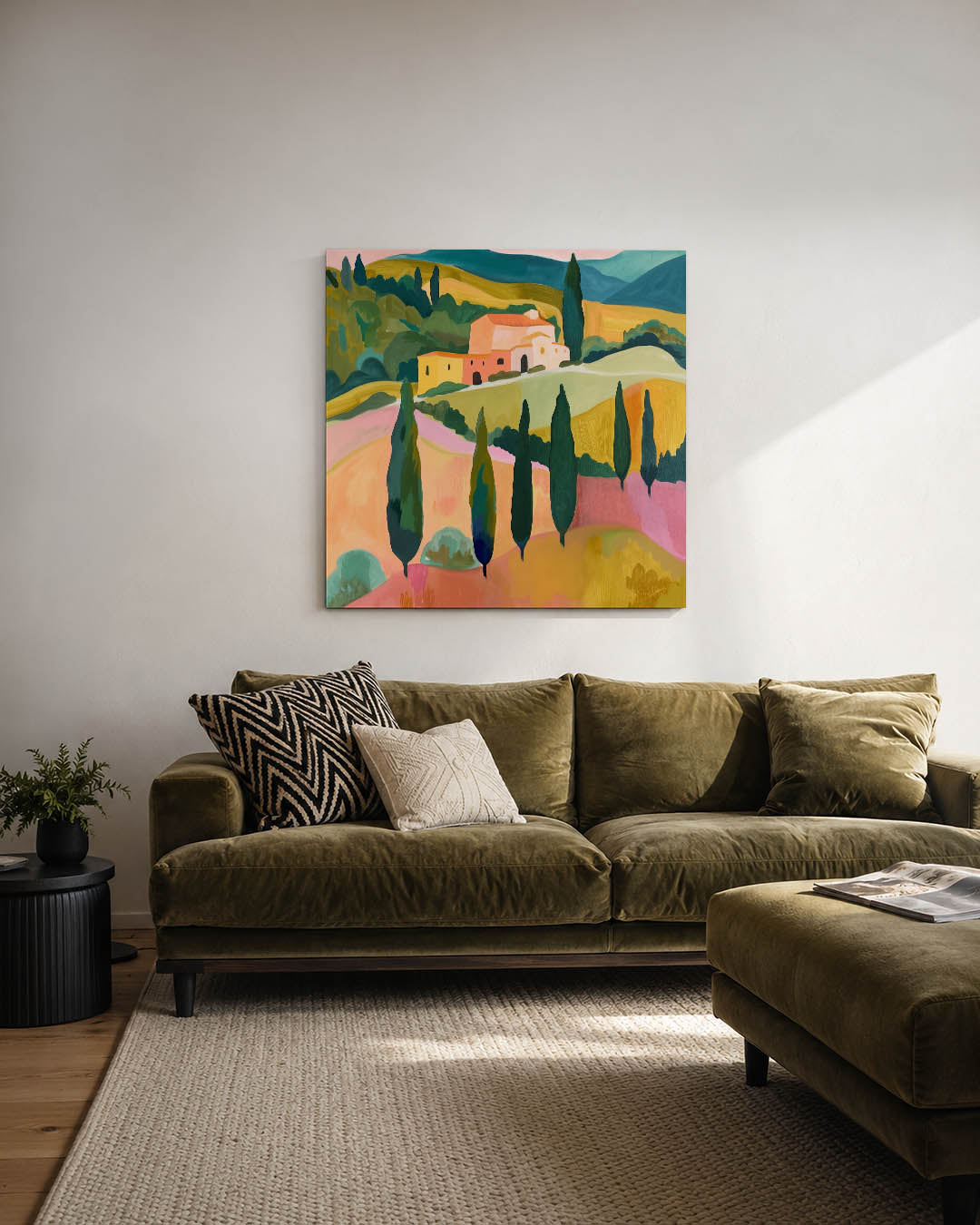 Landschap met heuvels kunstwerk – derde productweergave – dit werk toont een glooiend landschap met cipressen en een huis. De