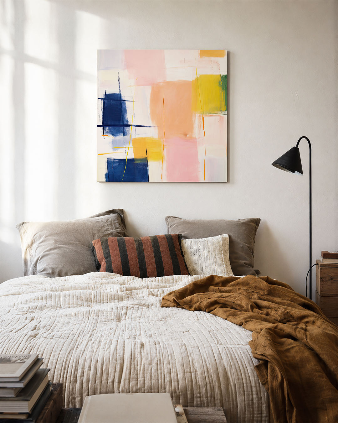 Kleurrijke vlakken kunstwerk – detailweergave – dit werk toont een compositie van overlappende rechthoeken en lijnen in