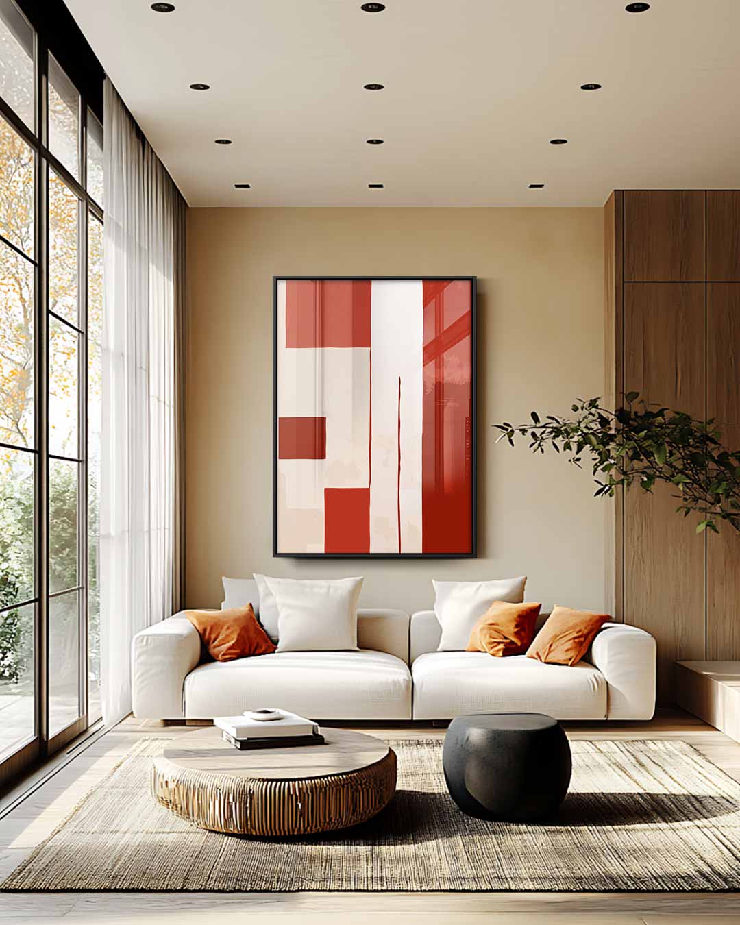 Abstracte Rood-Beige Compositie – staande wandkunst voor woonkamer of interieur