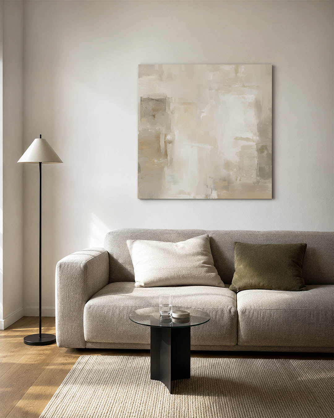 Zachte kleuren harmonie kunstwerk – vierkante wanddecoratie – dit werk toont een subtiele mix van beige en grijs, met zachte