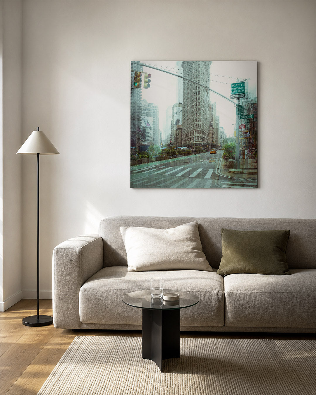 Stedelijke droom kunstwerk – vierkante wanddecoratie – deze kunstwerk toont een drukke stadsscène met een gebouw en
