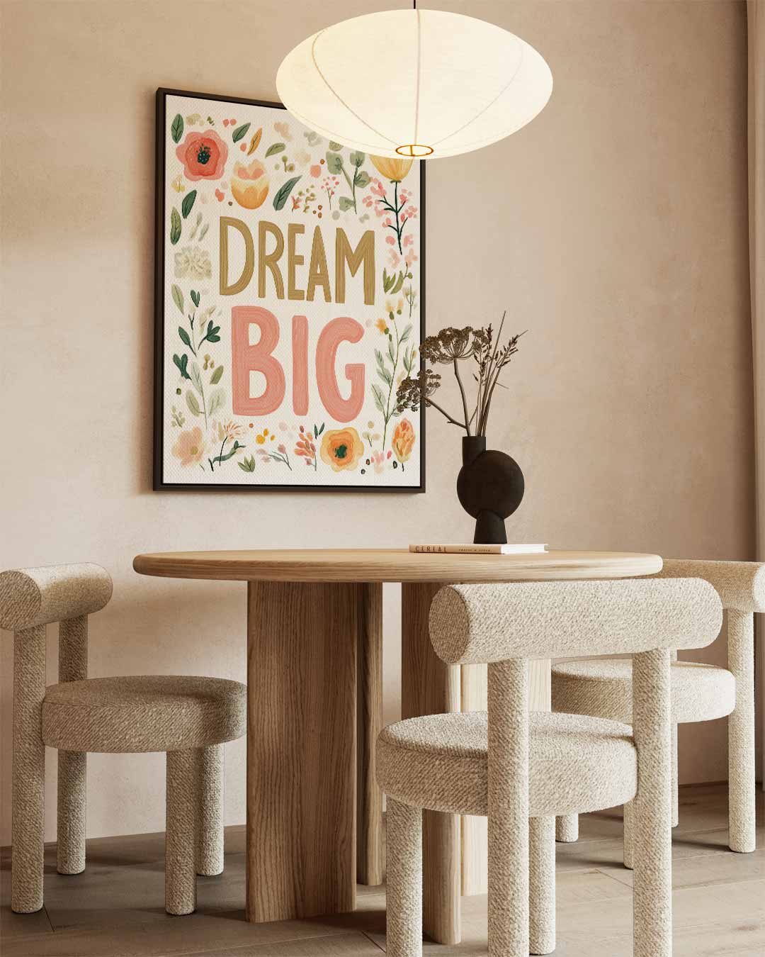 Dream Big Bloemenposter – kunstwerk met zwarte baklijst