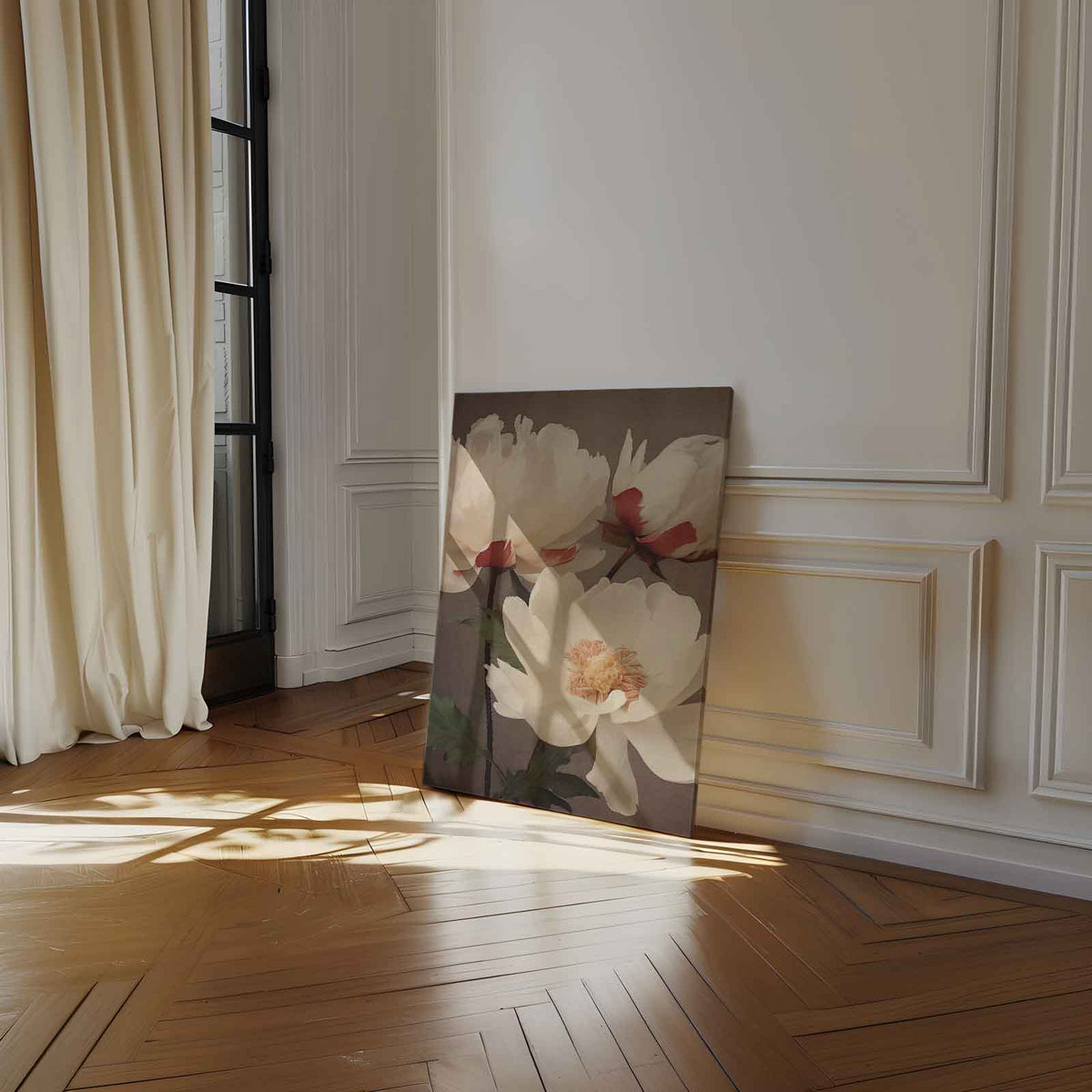 Elegantie van Witte Pioenrozen – canvas wanddecoratie in portret formaat