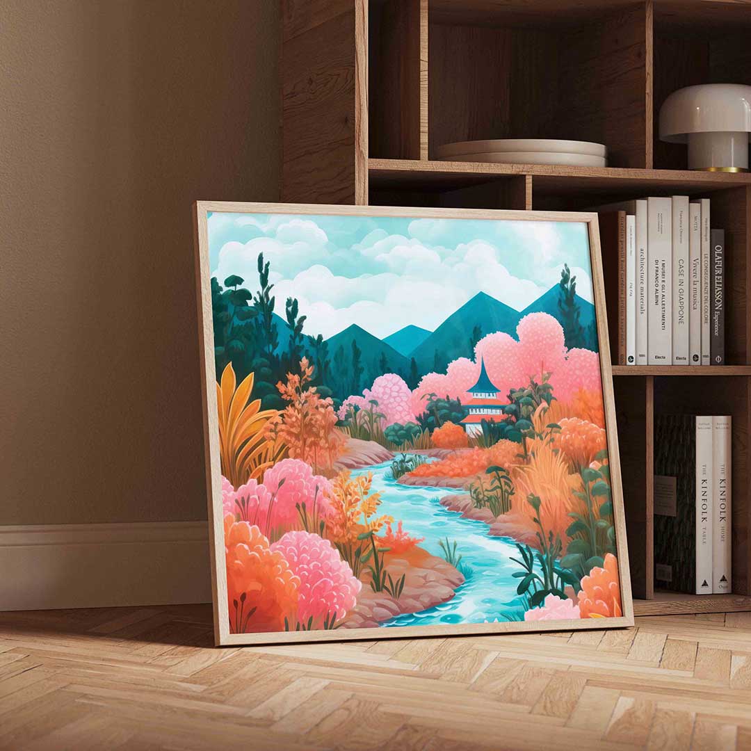 Landschap met bergen en rivier – geïllustreerde wandkunst als vierkante poster