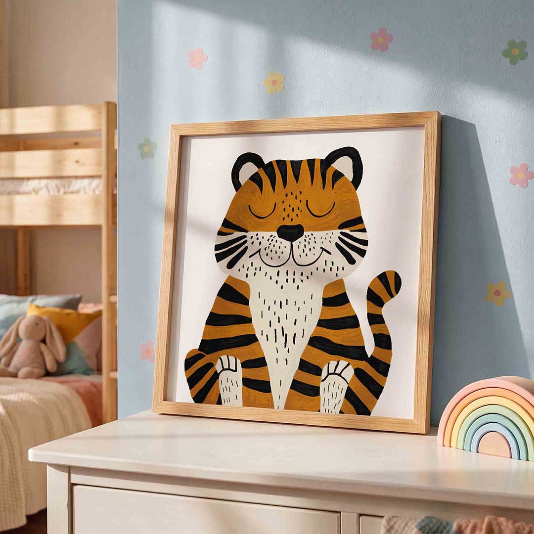 Tijger met gesloten ogen – speelse wandkunst als vierkante kinderposter