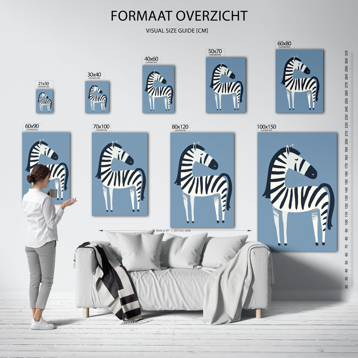 Zebra op blauwe achtergrond – staande muurposter voor de kinderkamer