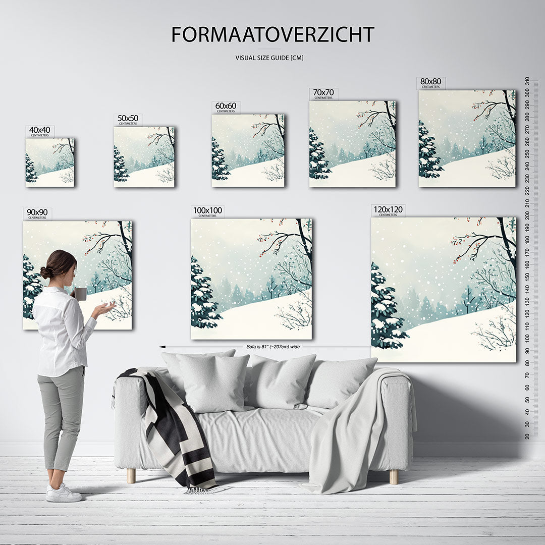 Winterlandschap met sneeuw kunstwerk – sfeerbeeld – dit werk toont een serene winterse scène met besneeuwde bomen en vallende