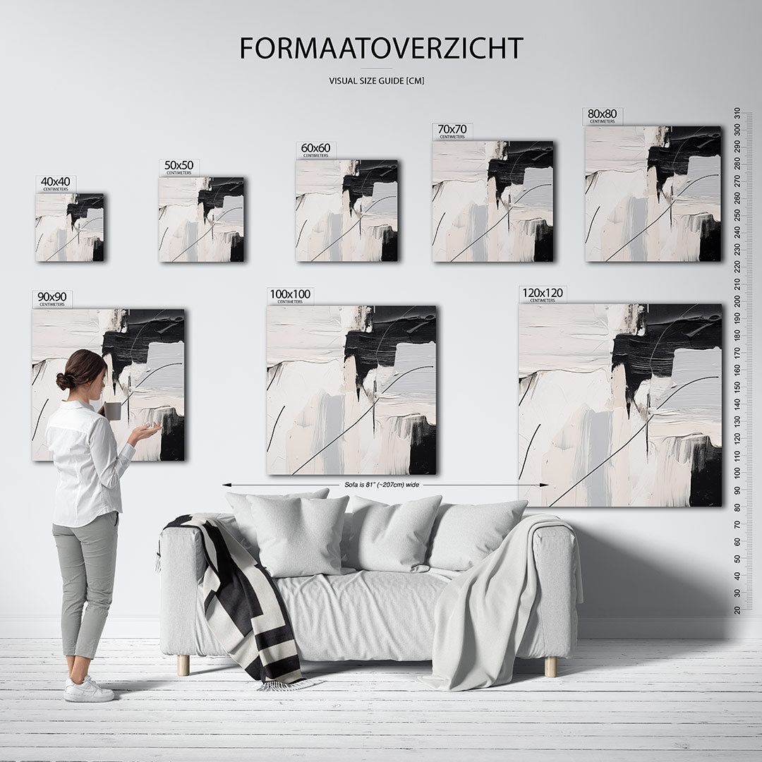 Compositie van lijnen kunstwerk – materiaalweergave – dit werk toont een spel van dikke penseelstreken in zwart en wit, met