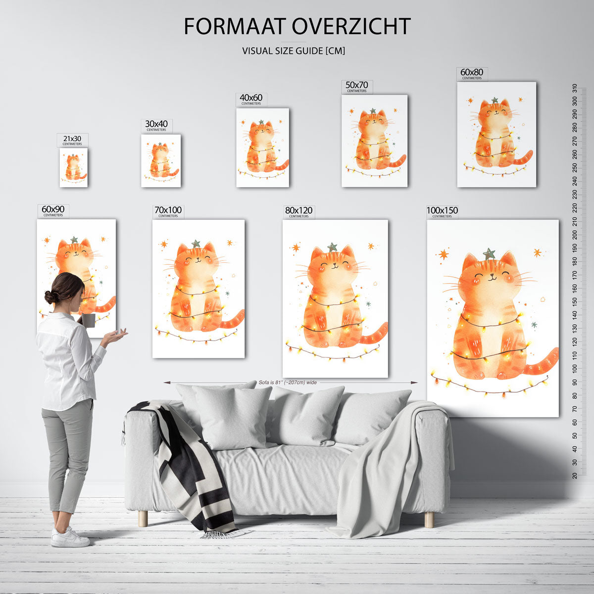 Kerstkat met lichtjes – staande muurposter voor de kinderkamer