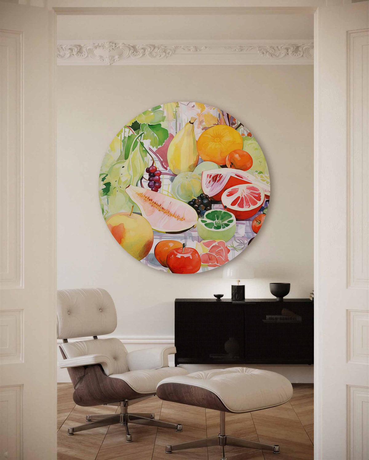 Fruit en bladeren – muurcirkel met kleur en vormen voor aan de muur