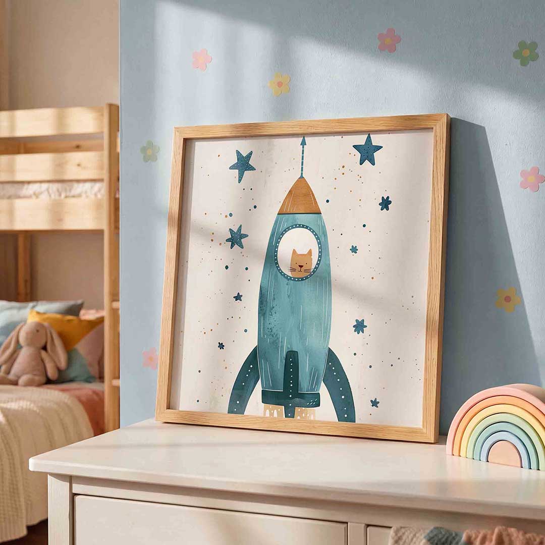 Kat in raket – speelse wandkunst als vierkante kinderposter