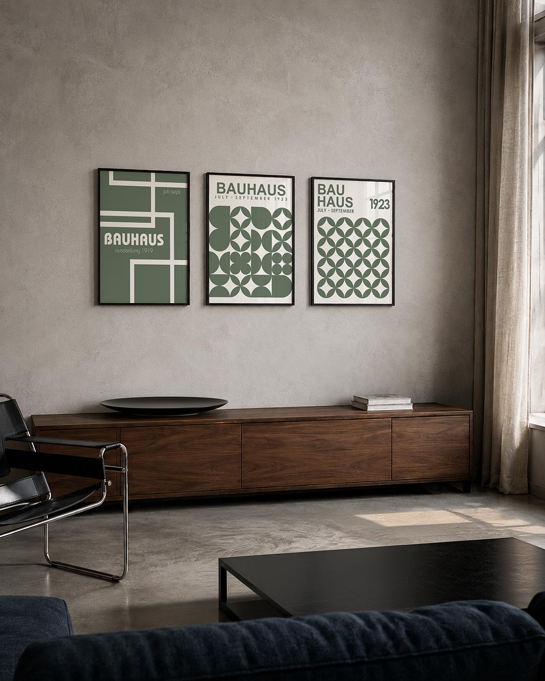 Lijnen en vlakken driedelige posterset – deze poster toont een spel van witte lijnen op een grijsgroene achtergrond. De