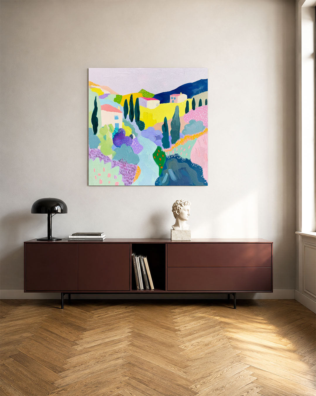 Kleurrijk landschap kunstwerk – tweede productweergave – dit kunstwerk toont een levendig landschap met golvende heuvels en