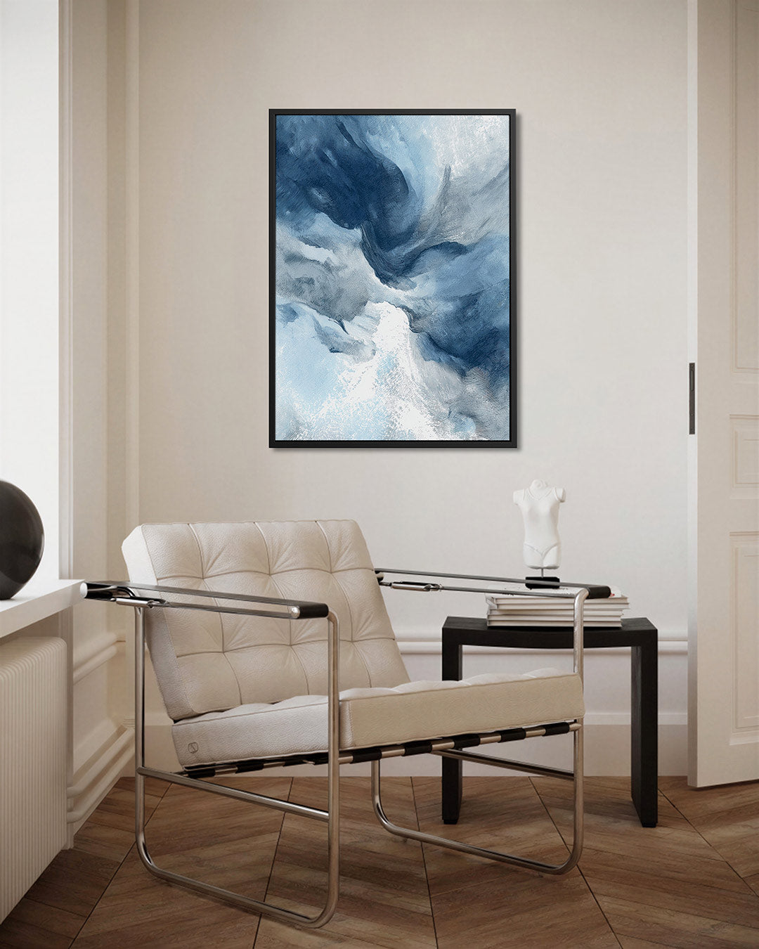 Dynamische blauwe vormen – kunstwerk als stijlvolle wanddecoratie