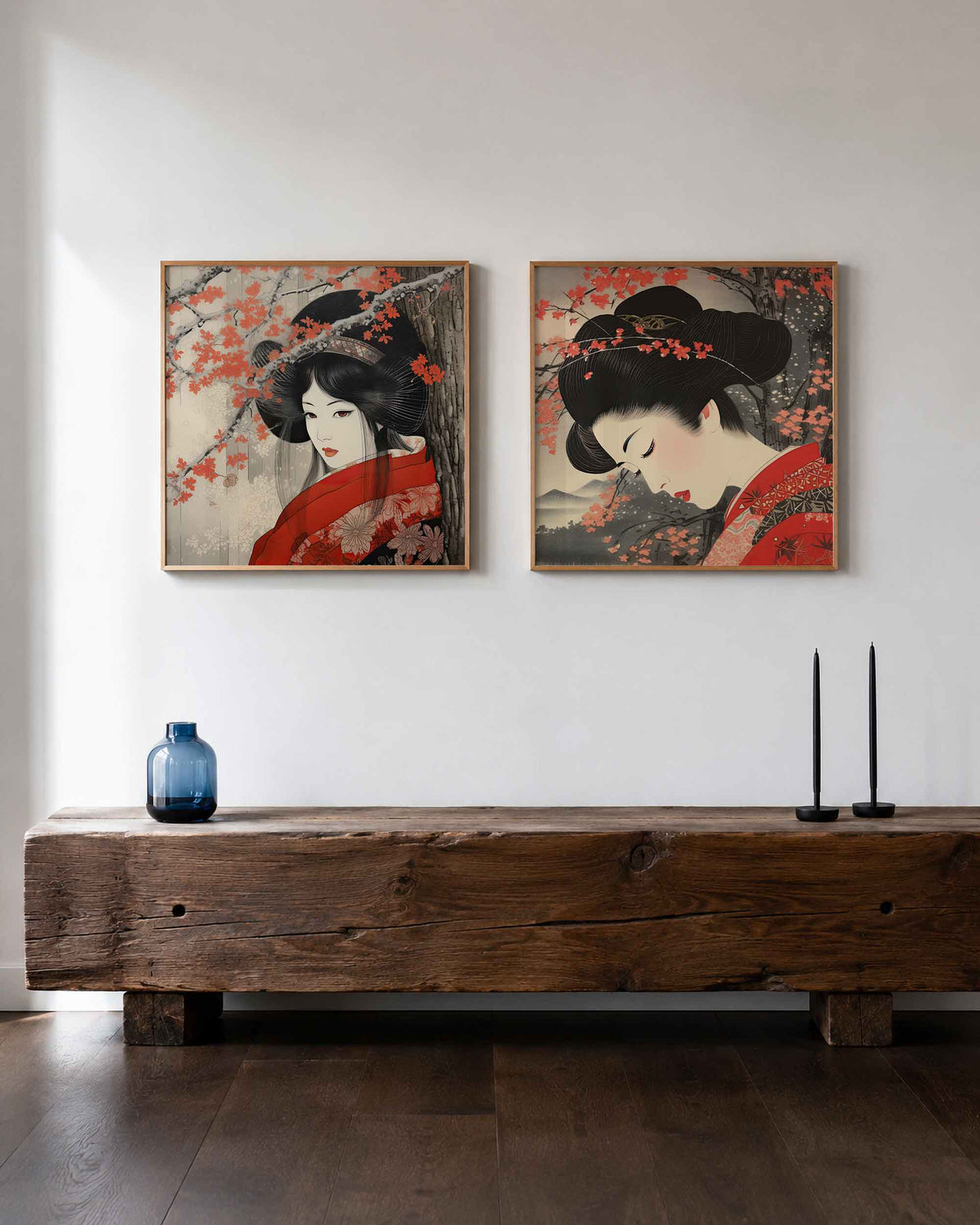 Interieurpresentatie van een tweedelige vierkante posterset met japanse vrouwen