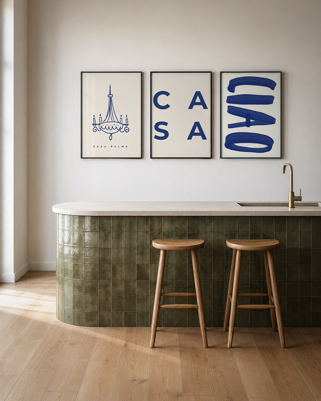 Lijnenspel kroonluchter posterset – tweede productweergave – een tekening van een kroonluchter in blauwe lijnen op een